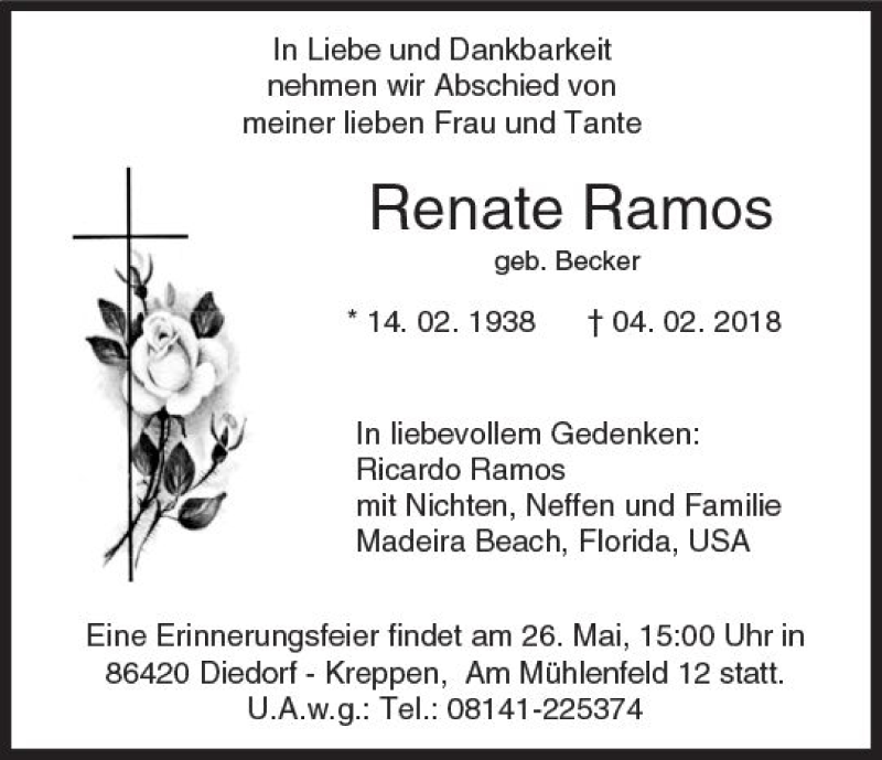 Traueranzeige für Renate Ramos vom 28.04.2018 aus  Gießener Anzeiger