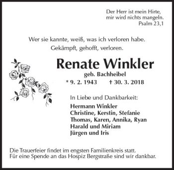 Traueranzeige von Renate Winkler von Trauerportal Rhein Main Presse