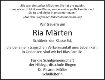 Traueranzeige von Ria Märten von Trauerportal Rhein Main Presse