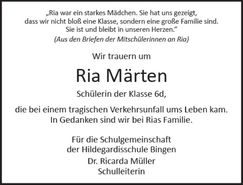  Traueranzeige für Ria Märten vom 28.04.2018 aus Trauerportal Rhein Main Presse