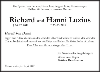 Traueranzeige von Richard Luzius von Trauerportal Rhein Main Presse