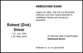 Traueranzeige von Richard Simon von Trauerportal Rhein Main Presse