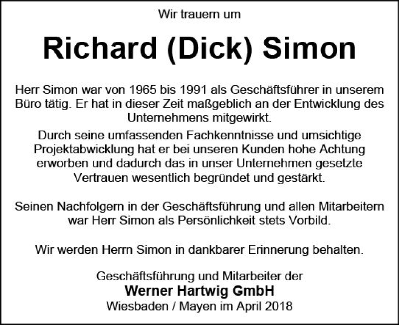  Traueranzeige für Richard Dick Simon vom 28.04.2018 aus Trauerportal Rhein Main Presse