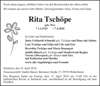 Traueranzeige von Rita Tschöpe von Trauerportal Rhein Main Presse