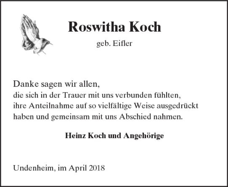  Traueranzeige für Roswitha Koch vom 07.04.2018 aus Trauerportal Rhein Main Presse