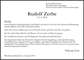 Traueranzeige von Rudolf Zerbe von Trauerportal Rhein Main Presse