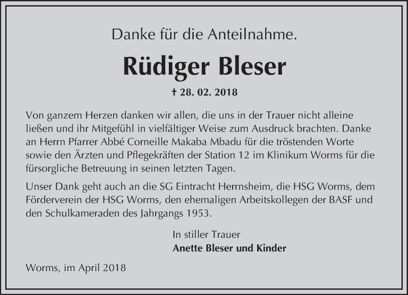  Traueranzeige für Rüdiger Bleser vom 21.04.2018 aus Trauerportal Rhein Main Presse