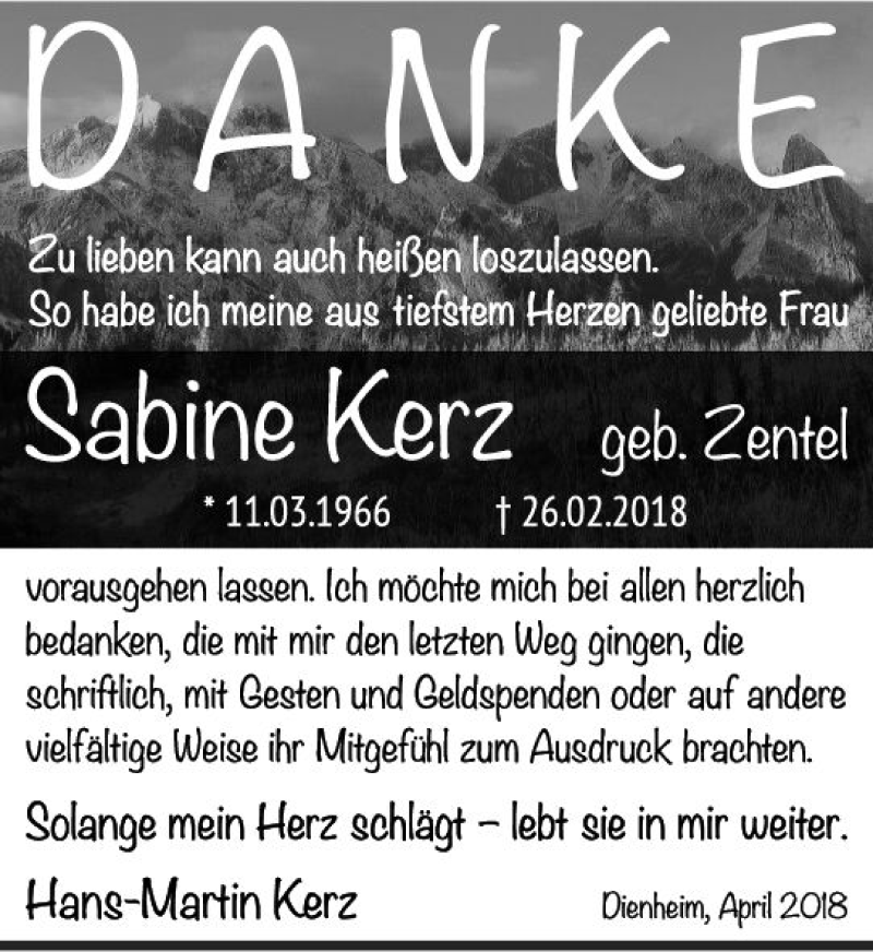  Traueranzeige für Sabine Kerz vom 28.04.2018 aus Trauerportal Rhein Main Presse