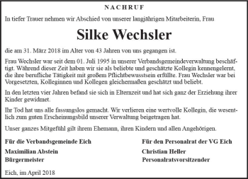 Traueranzeige von Silke Wechsler von Trauerportal Rhein Main Presse