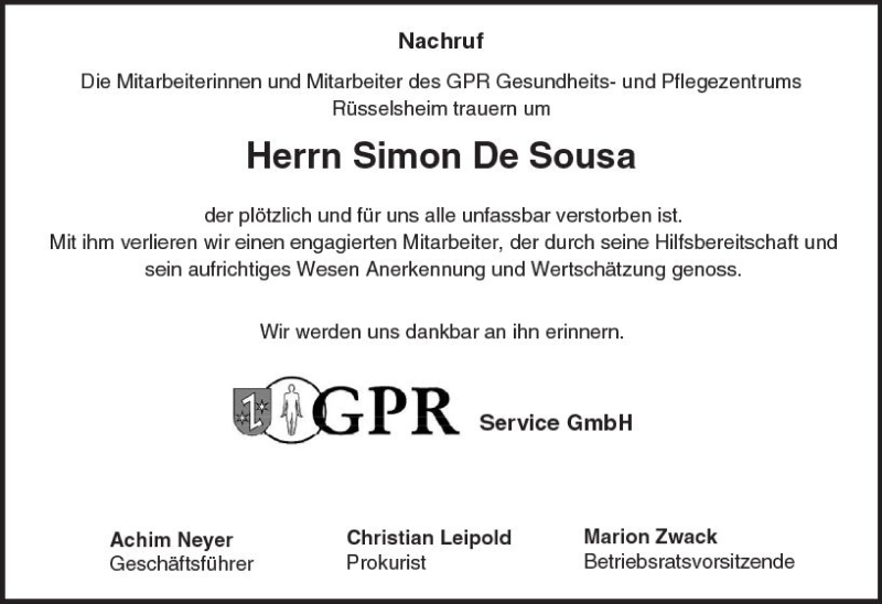  Traueranzeige für Simon De Sousa vom 17.04.2018 aus Trauerportal Rhein Main Presse