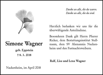 Traueranzeige von Simone Wagner von Trauerportal Rhein Main Presse