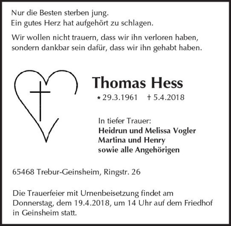  Traueranzeige für Thomas Hess vom 16.04.2018 aus Trauerportal Rhein Main Presse