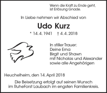 Traueranzeige von Udo Kurz von  Gießener Anzeiger