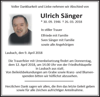 Traueranzeige von Ulrich Sänger von  Gießener Anzeiger