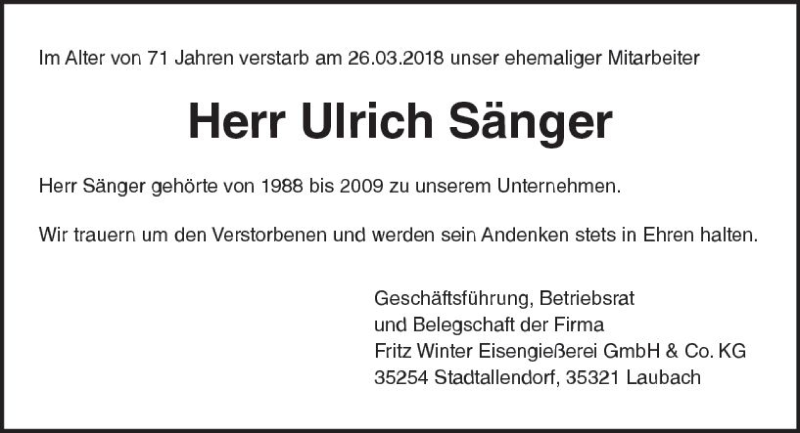  Traueranzeige für Ulrich Sänger vom 12.04.2018 aus  Kreisanzeiger