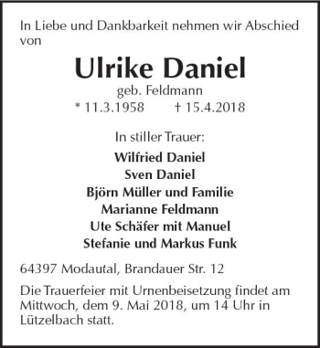 Traueranzeige von Ulrike Daniel von Trauerportal Rhein Main Presse