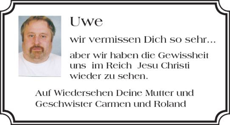  Traueranzeige für Uwe  vom 18.04.2018 aus Trauerportal Rhein Main Presse