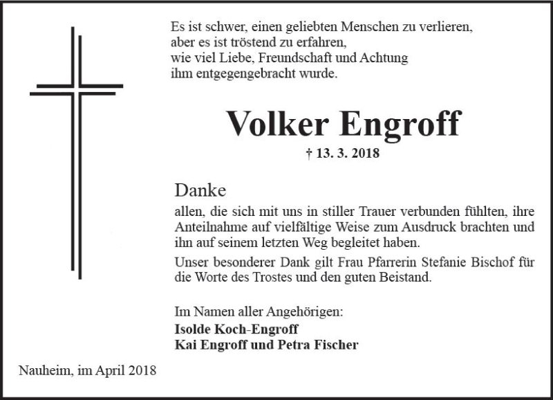  Traueranzeige für Volker Engroff vom 14.04.2018 aus Trauerportal Rhein Main Presse