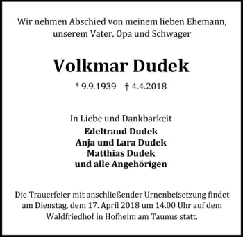 Traueranzeige von Volkmar Dudek von Trauerportal Rhein Main Presse
