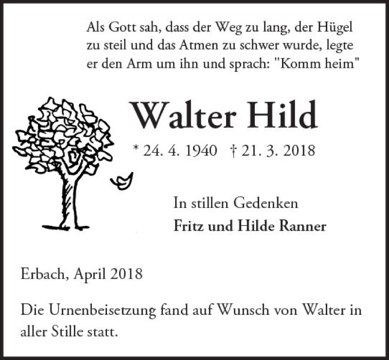  Traueranzeige für Walter Hild vom 14.04.2018 aus Trauerportal Rhein Main Presse