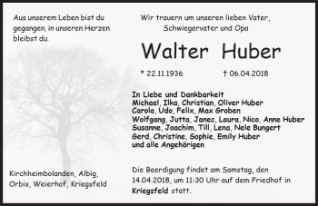 Traueranzeige von Walter Huber von Trauerportal Rhein Main Presse