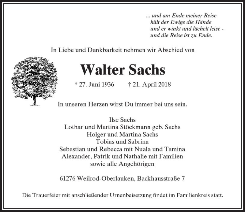  Traueranzeige für Walter Sachs vom 28.04.2018 aus  Usinger Anzeiger