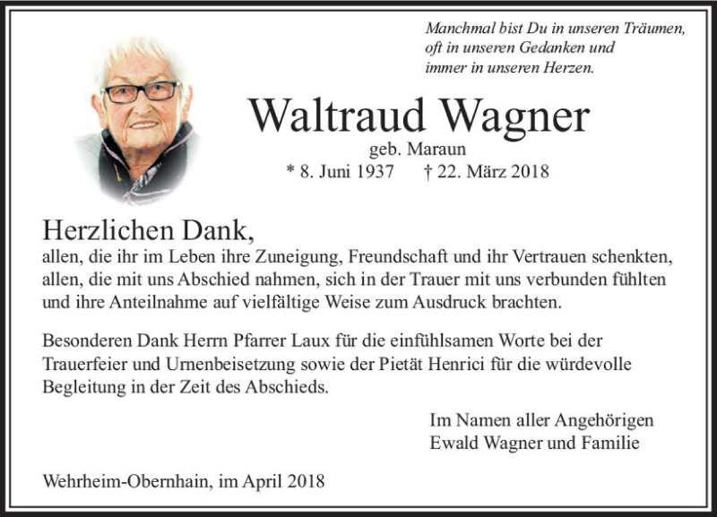  Traueranzeige für Waltraud Wagner vom 21.04.2018 aus  Usinger Anzeiger