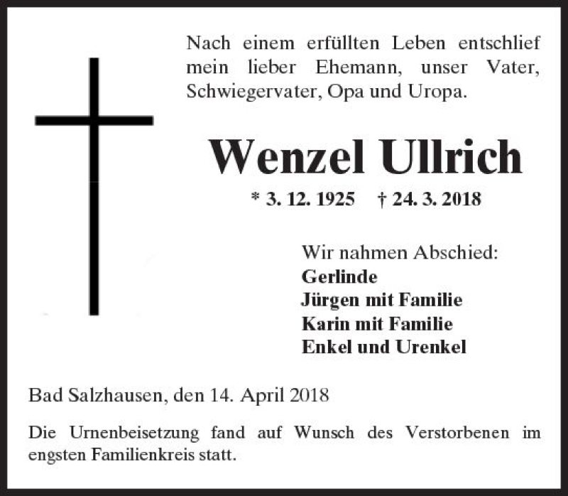  Traueranzeige für Wenzel Ullrich vom 14.04.2018 aus  Kreisanzeiger