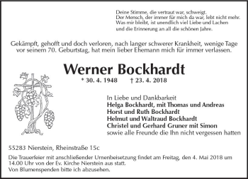 Traueranzeige von Werner Bockhardt von Trauerportal Rhein Main Presse