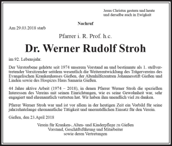 Traueranzeige von Werner Rudolf Stroh von  Gießener Anzeiger