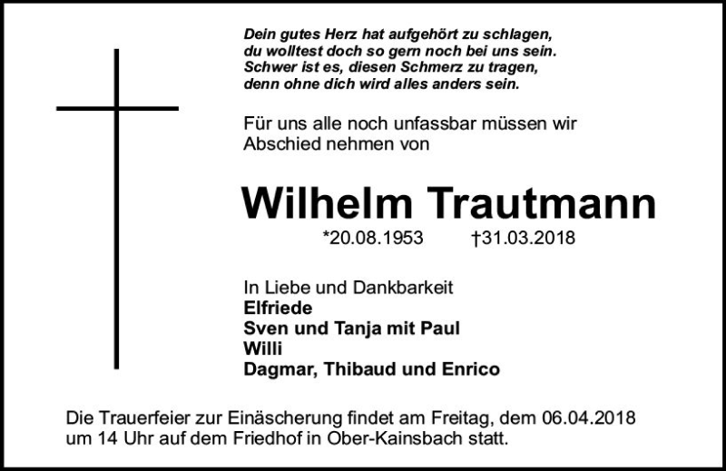  Traueranzeige für Wilhelm Trautmann vom 04.04.2018 aus Trauerportal Rhein Main Presse