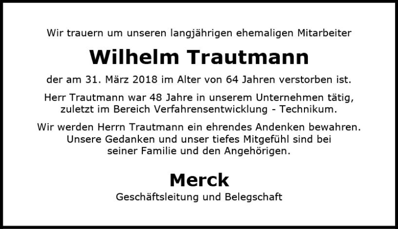  Traueranzeige für Wilhelm Trautmann vom 13.04.2018 aus Trauerportal Rhein Main Presse