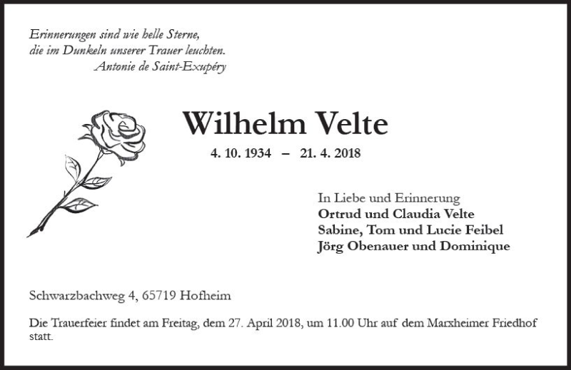  Traueranzeige für Wilhelm Velte vom 24.04.2018 aus Trauerportal Rhein Main Presse