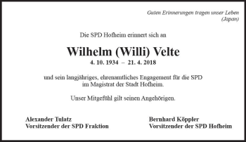 Traueranzeige von Wilhelm Velte von Trauerportal Rhein Main Presse