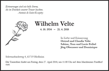Traueranzeige von Wilhelm Velte von Trauerportal Rhein Main Presse