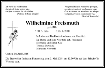 Traueranzeige von Wilhelmine Freismuth von  Gießener Anzeiger
