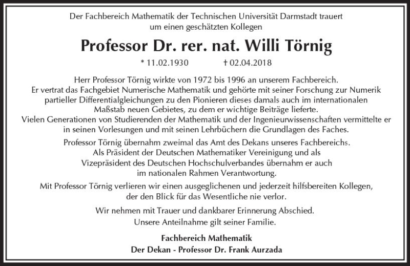  Traueranzeige für Willi Törnig vom 07.04.2018 aus Trauerportal Rhein Main Presse