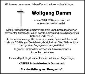 Traueranzeige von Wolfgang Damm von Trauerportal Rhein Main Presse