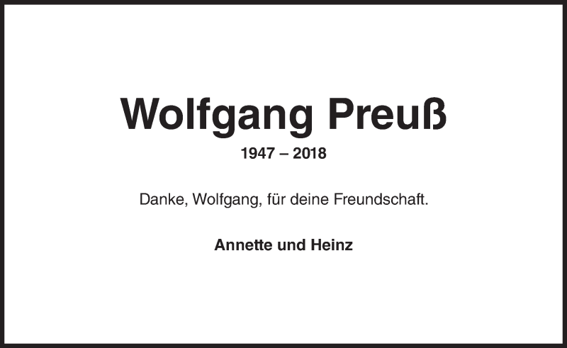  Traueranzeige für Wolfgang Preuß vom 21.04.2018 aus Trauerportal Rhein Main Presse