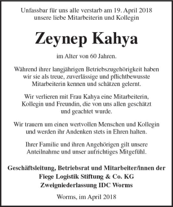 Traueranzeige von Zeynep Kahya von Trauerportal Rhein Main Presse
