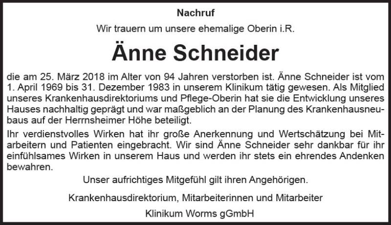  Traueranzeige für Änne Schneider vom 18.04.2018 aus Trauerportal Rhein Main Presse