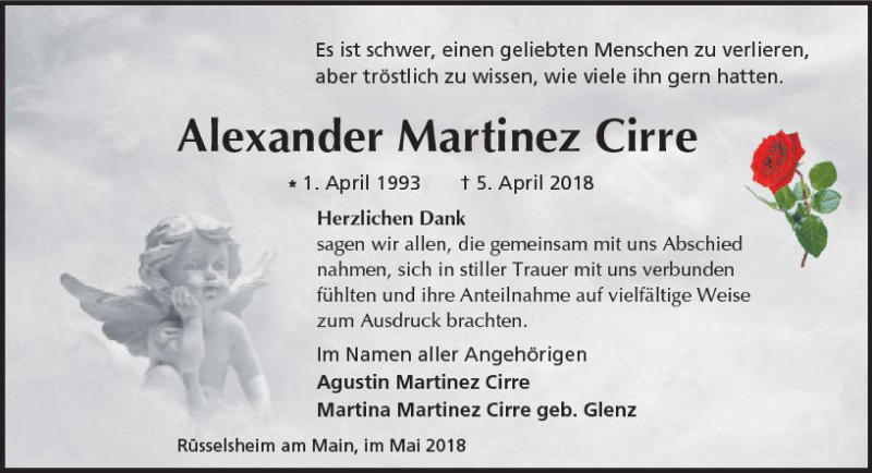  Traueranzeige für Alexander Martinez Cirre vom 05.05.2018 aus Trauerportal Rhein Main Presse