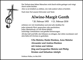 Traueranzeige von Alwine-Margit Genth von Trauerportal Rhein Main Presse