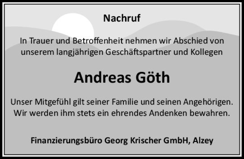  Traueranzeige für Andreas Göth vom 11.05.2018 aus Trauerportal Rhein Main Presse