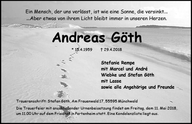  Traueranzeige für Andreas Göth vom 05.05.2018 aus Trauerportal Rhein Main Presse