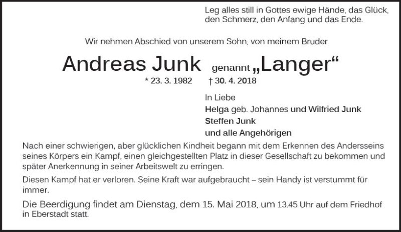  Traueranzeige für Andreas Junk vom 12.05.2018 aus Trauerportal Rhein Main Presse