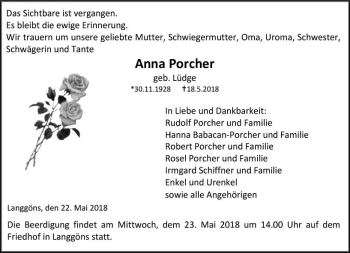 Traueranzeige von Anna Porcher von  Gießener Anzeiger