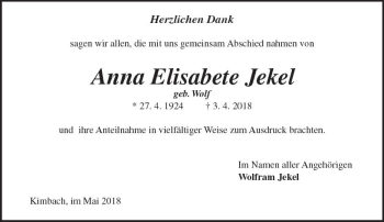 Traueranzeige von Anna Elisabete Jekel von Trauerportal Rhein Main Presse