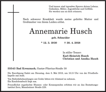 Traueranzeige von Annemarie Husch von Trauerportal Rhein Main Presse
