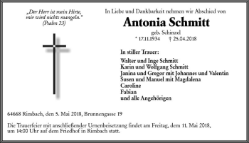 Traueranzeige von Antonia Schmitt von Trauerportal Rhein Main Presse